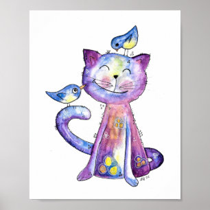 Poster Chat mignon blanc violet avec oiseaux
