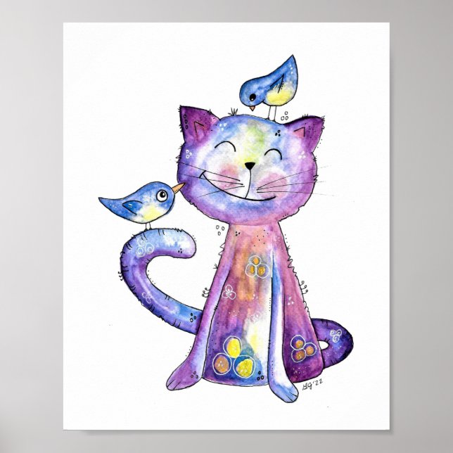Poster Chat mignon blanc violet avec oiseaux (Devant)