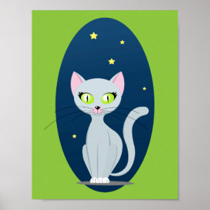 Poster Chat mignon ciel étoilé la nuit Dessin animé sur c
