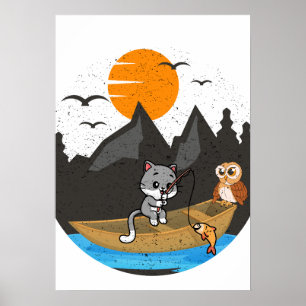 Poster Chat Mignon et Bateau de Pêche de Hibou Art de la