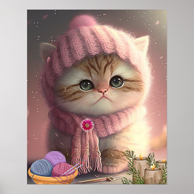 Poster Chat mignonne en Casquette Knit rose et l'art en F (Devant)