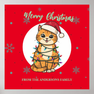 Poster Chat moderne joyeux rouge flocon de neige Noël cha