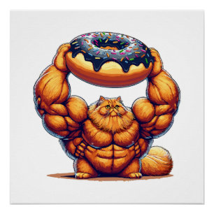 Poster Chat Musclé Soulevant un Beignet