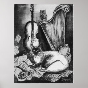 Poster CHAT MUSICAL, OWL, VIOLIN, HARP Black White Grey M
