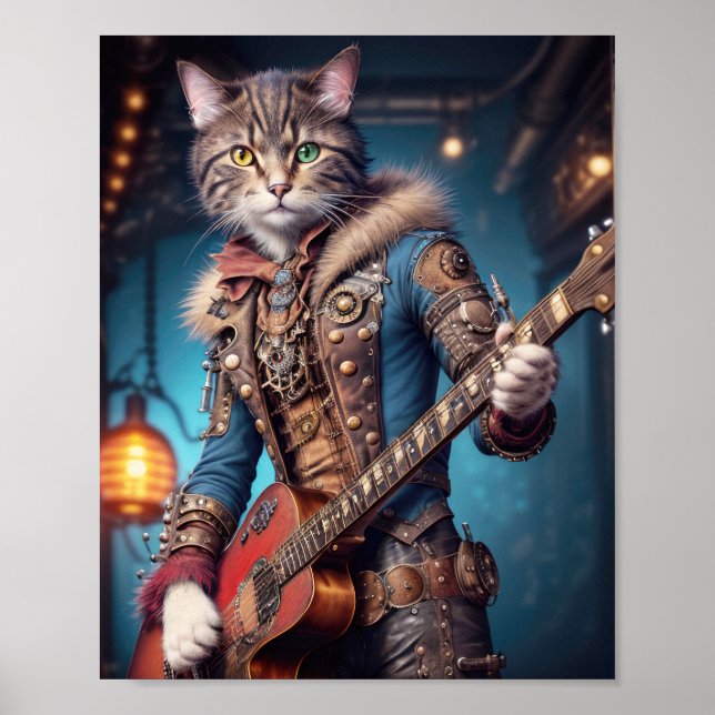 Poster Chat musicien en bleu steampunk robe jouant de la  (Devant)