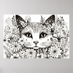 Poster Chat Nature paisible Prairie Sketch Style de dessi