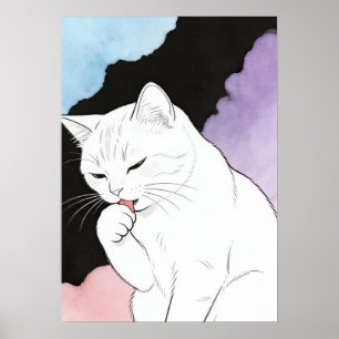 Poster Chat nettoyant sa patte