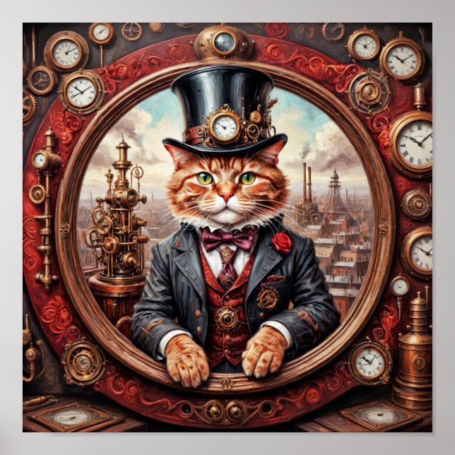 Poster Chat noble Steampunk dans un monde industriel (Devant)
