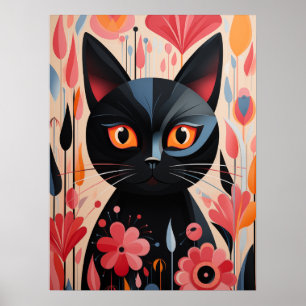 Poster Chat Noir Adorable Avec Fleurs Roses