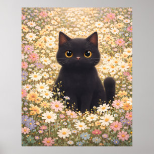 Poster Chat Noir Adorable dans un Champ de Marguerites Af