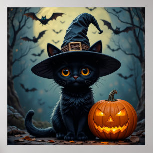 Poster Chat noir adorable portant un chapeau de sorcière
