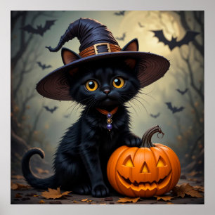 Poster Chat noir adorable portant un chapeau de sorcière