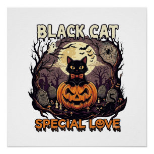 Poster Chat Noir Amour Spécial Halloween Citrouille Plein