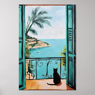 Poster Chat Noir Appréciant la Mer Magnifique