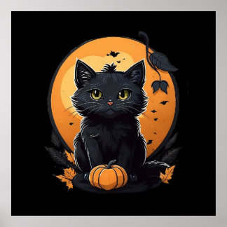 Poster Chat noir avec citrouille
