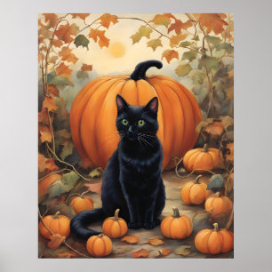 Poster Chat noir avec Citrouille Halloween