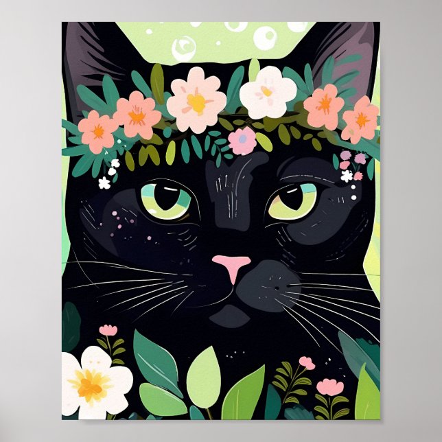 Poster Chat noir avec couronne florale (Devant)