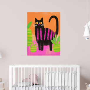 Poster Chat Noir avec des rayures roses et des plantes mé