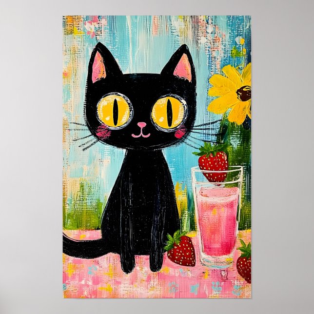 Poster Chat noir buvant du jus de fraise (Devant)