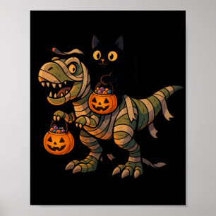 Poster Chat noir chevauchant un T-Rex momie – Dino Hallow
