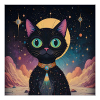 Chat noir cosmique futuriste atomique en clair de