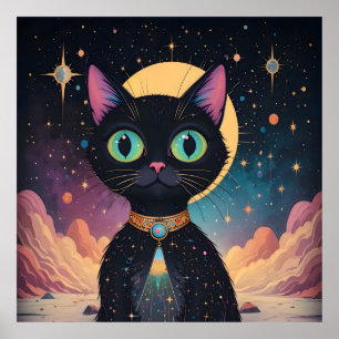Poster Chat noir cosmique futuriste atomique en clair de 