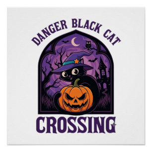 Poster Chat Noir Dangereux Traverse Halloween Citrouille