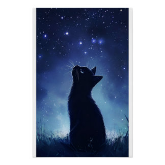 Poster Chat noir dans la prairie magique Starlit