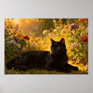 Poster Chat noir dans les fleurs I
