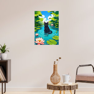 Poster Chat noir dans un bassin de nénuphars