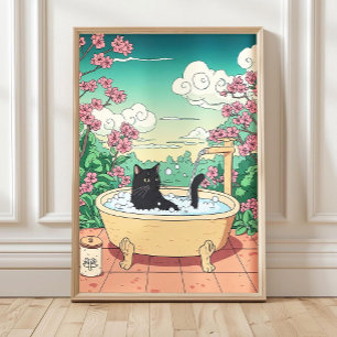 Poster Chat noir dans une baignoire, Estampe, Art Japonai