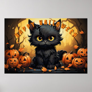 Poster Chat noir d'Halloween assis avec Jack-O'-Lanterns