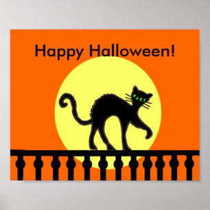 Poster Chat noir d'Halloween sur une clôture au clair de 
