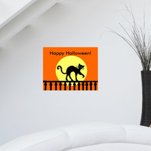 Poster Chat noir d'Halloween sur une clôture sous la lune