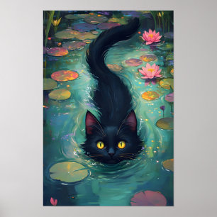 Poster Chat noir drôle est en train de nager