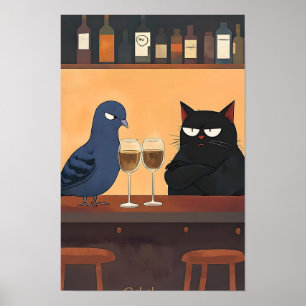 Poster Chat noir drôle et oiseau