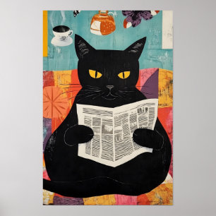 Poster Chat noir drôle lisant un journal