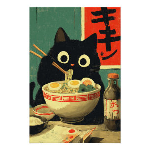 Poster Chat noir drôle mangeant du Ramen