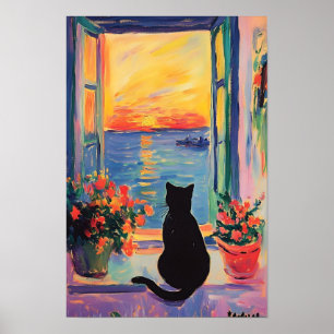 Poster Chat noir drôle profitant du coucher de soleil