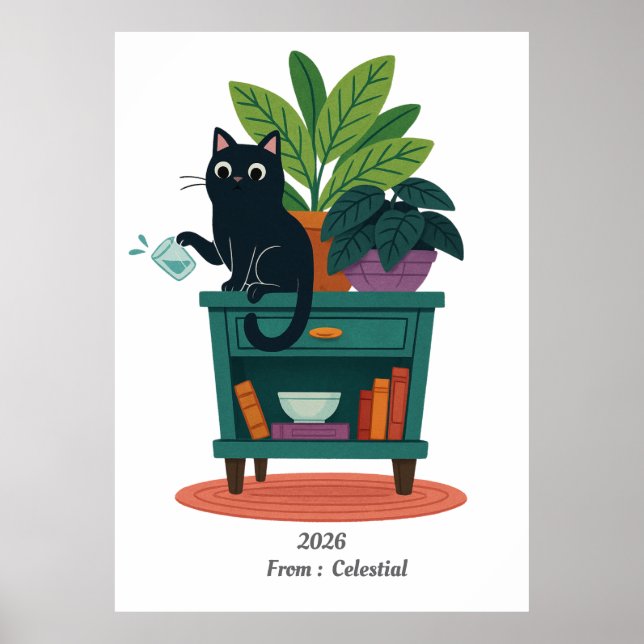 Poster Chat Noir Drôle Qui Frappe Sur Le Verre (Devant)