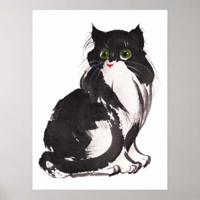 Poster Chat noir et blanc sumière aquarelle et peinture à (Devant)