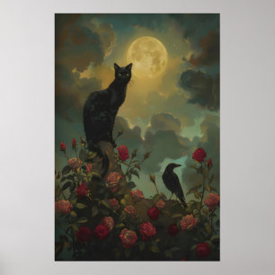Poster Chat noir et corbeau avec des roses sous la pleine