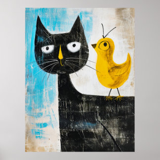 Poster Chat noir et oiseau jaune – Art moderne fantaisist