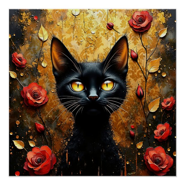 Poster Chat noir et roses (Devant)