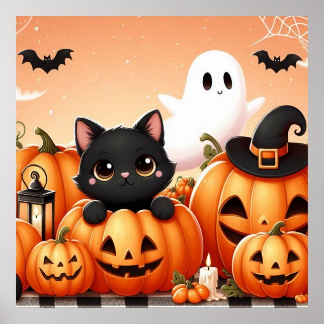 Poster Chat noir, fantôme et Jack-O-Lanterns (Devant)