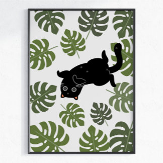 Poster Chat Noir Feuilles Tropicales Amoureux des Plantes