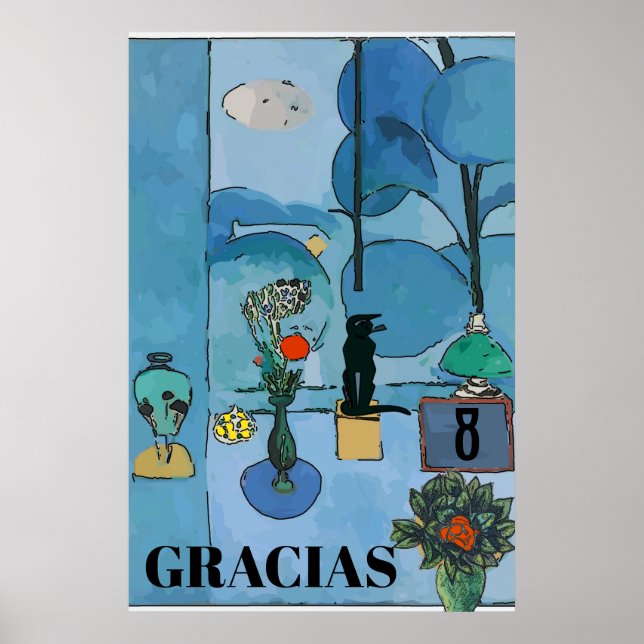 Poster Chat noir & Fleurs en Chambre Bleue, ajouter du te (Devant)