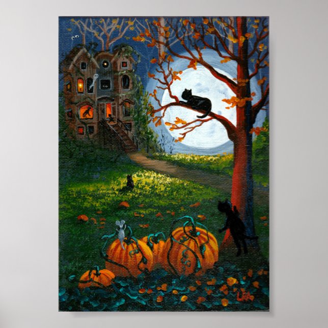 Poster Chat Noir Funny Haunted Maison Arbres Créationarts (Devant)