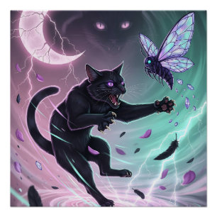 Poster Chat noir furieux et papillon mystique Goth Pastel