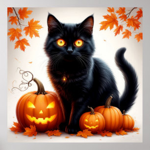 Poster Chat noir Halloween avec scène de champ de citroui